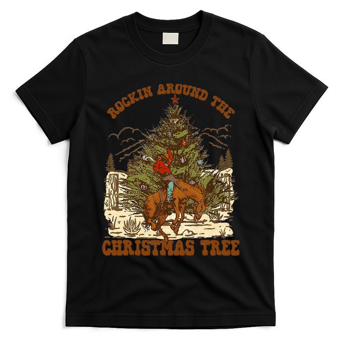 Rockin Around Christmas Cowboy Tree Santa Ride Horse Pajama T-Shirt