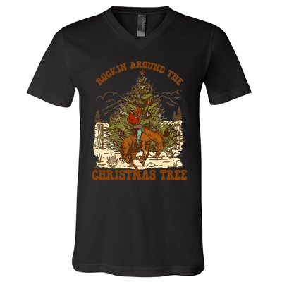 Rockin Around Christmas Cowboy Tree Santa Ride Horse Pajama V-Neck T-Shirt