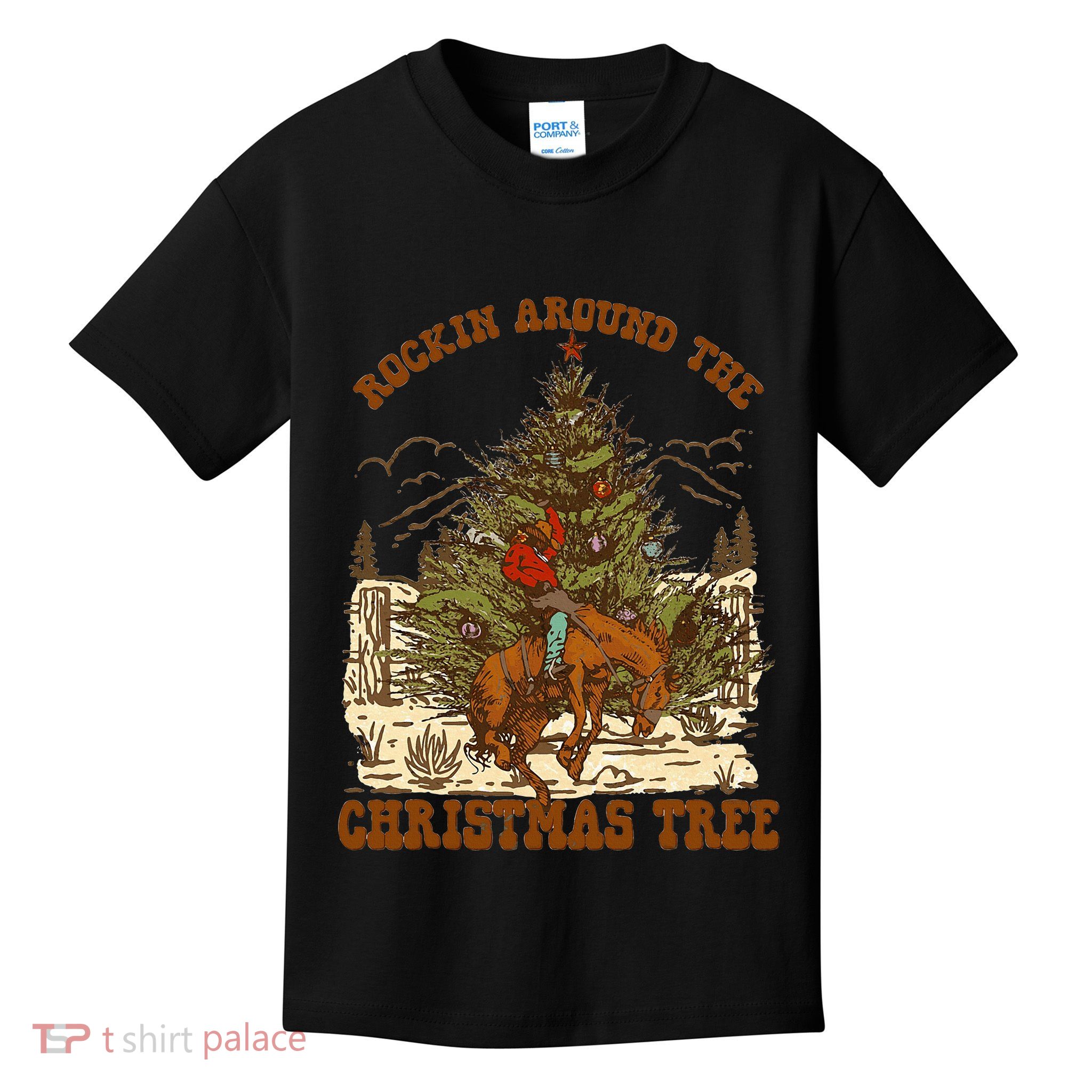 Rockin Around Christmas Cowboy Tree Santa Ride Horse Pajama Kids T-Shirt