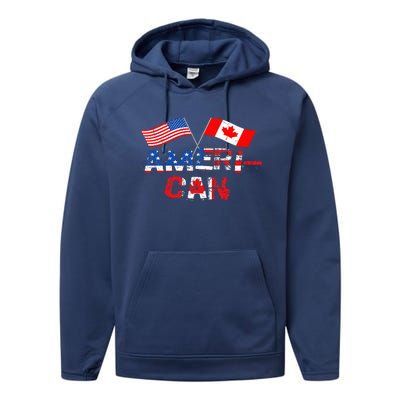 Retro AmeriCan Canada USA Flag Patriotic Canadian American Performance Fleece Hoodie