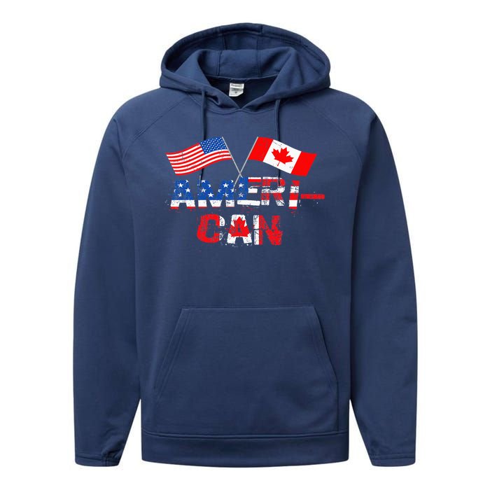 Retro AmeriCan Canada USA Flag Patriotic Canadian American Performance Fleece Hoodie