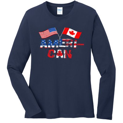 Retro AmeriCan Canada USA Flag Patriotic Canadian American Ladies Long Sleeve Shirt