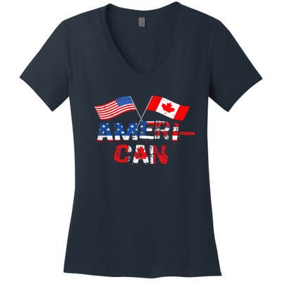 Retro AmeriCan Canada USA Flag Patriotic Canadian American Women's V-Neck T-Shirt