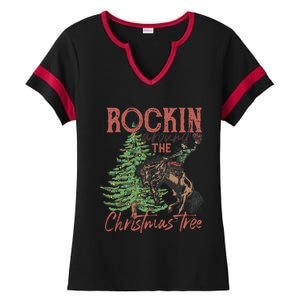 Rockin Around Christmas Tree Cow Xmas Design Gift Ladies Halftime Notch Neck Tee