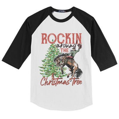 Rockin Around Christmas Tree Cow Xmas Design Gift Kids Colorblock Raglan Jersey
