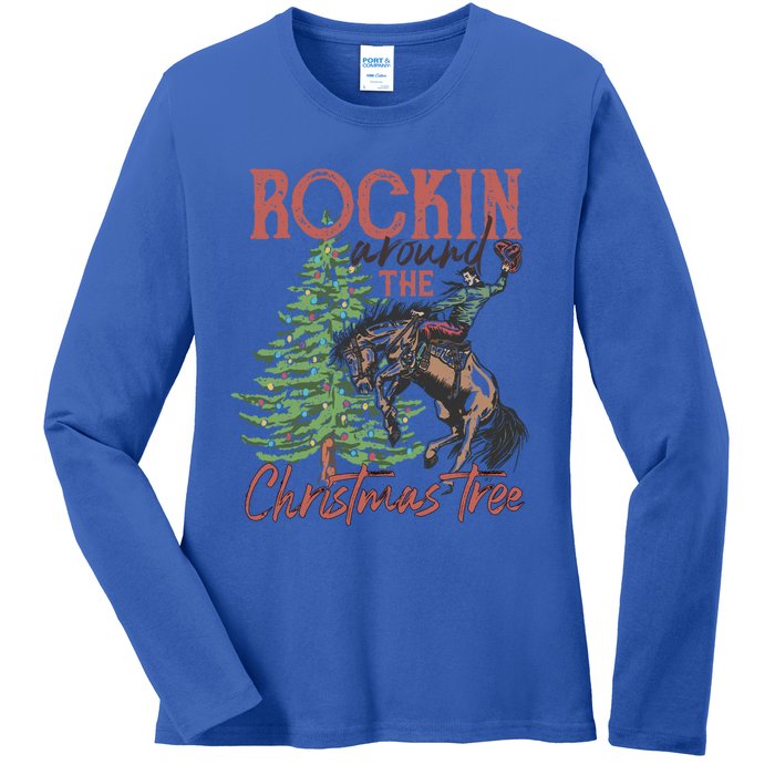 Rockin Around Christmas Tree Cow Xmas Design Gift Ladies Long Sleeve Shirt