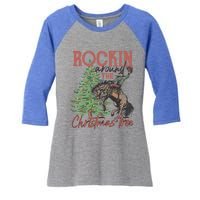 Rockin Around Christmas Tree Cow Xmas Design Gift Women's Tri-Blend 3/4-Sleeve Raglan Shirt