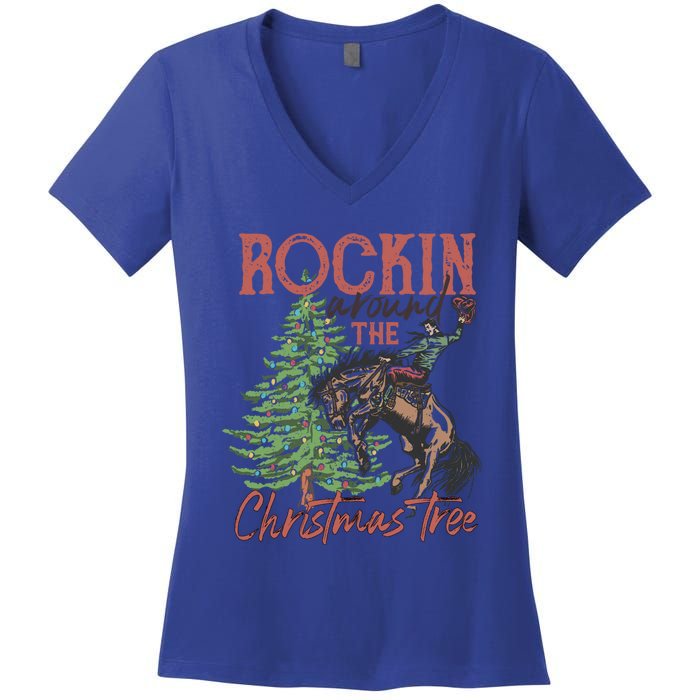 Rockin Around Christmas Tree Cow Xmas Design Gift Women's V-Neck T-Shirt