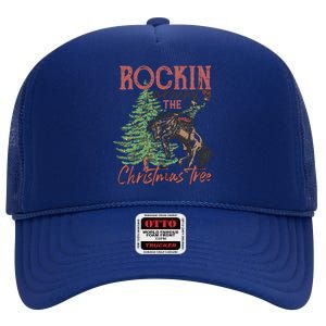 Rockin Around Christmas Tree Cow Xmas Design Gift High Crown Mesh Back Trucker Hat