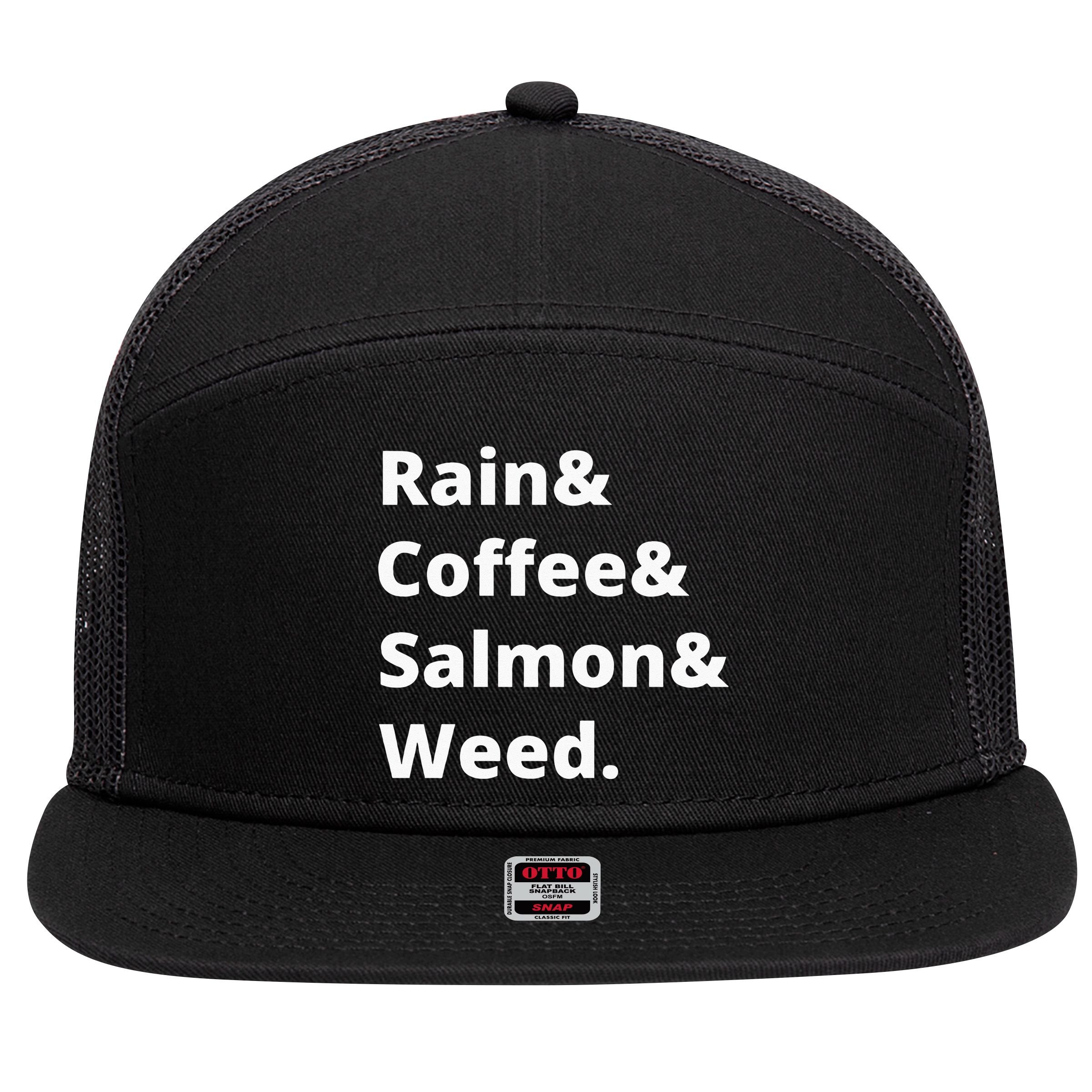 Rain And Coffee And Salmon And Weed Seattle Gift 7 Panel Mesh Trucker Snapback Hat