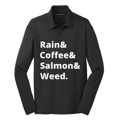 Rain And Coffee And Salmon And Weed Seattle Gift Silk Touch Performance Long Sleeve Polo