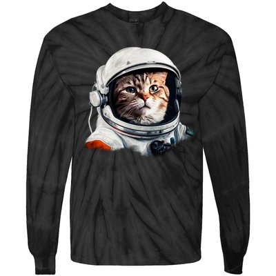 Realistic Astronaut Cat Tie-Dye Long Sleeve Shirt