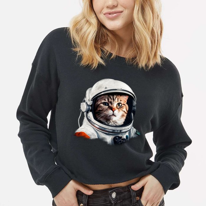 Realistic Astronaut Cat Cropped Pullover Crew