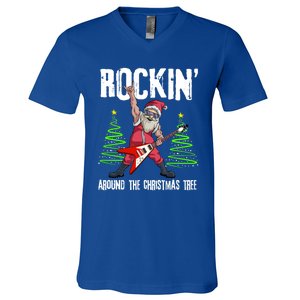 Rockin Around Christmas Tree Funny Funny Gift Rocker Santa Funny Gift V-Neck T-Shirt