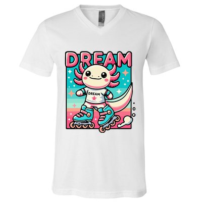 Rollerblading Axolotl Cute Salamander On Inline Skates V-Neck T-Shirt