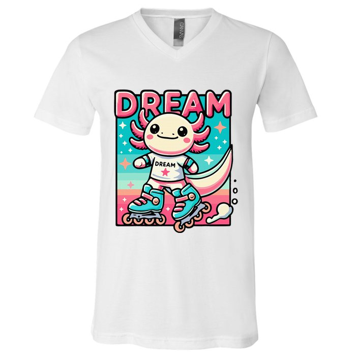 Rollerblading Axolotl Cute Salamander On Inline Skates V-Neck T-Shirt