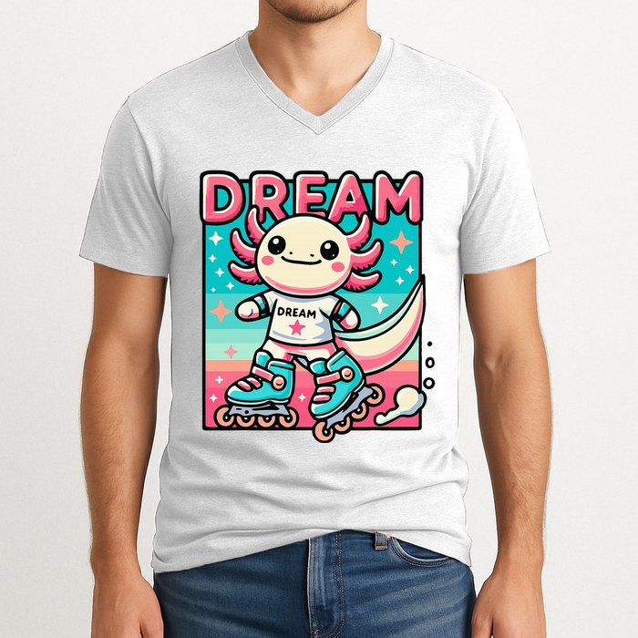 Rollerblading Axolotl Cute Salamander On Inline Skates V-Neck T-Shirt