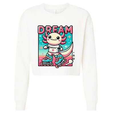 Rollerblading Axolotl Cute Salamander On Inline Skates Cropped Pullover Crew