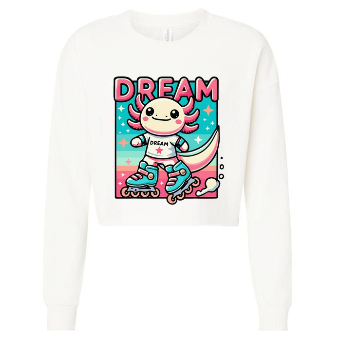 Rollerblading Axolotl Cute Salamander On Inline Skates Cropped Pullover Crew