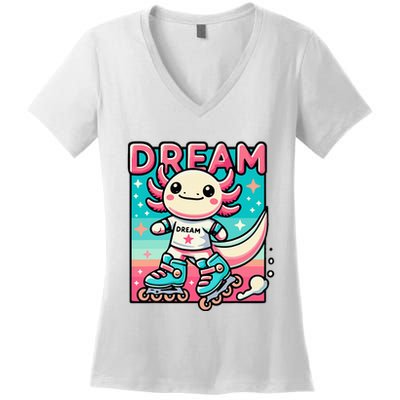 Rollerblading Axolotl Cute Salamander On Inline Skates Women's V-Neck T-Shirt