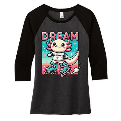 Rollerblading Axolotl Cute Salamander On Inline Skates Women's Tri-Blend 3/4-Sleeve Raglan Shirt