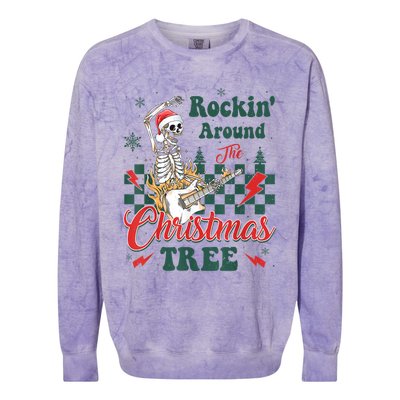 Rocking Around Christmas Tree Santa Hat Skeleton Guitar Xmas Colorblast Crewneck Sweatshirt