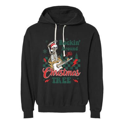 Rocking Around Christmas Tree Santa Hat Skeleton Guitar Xmas Garment-Dyed Fleece Hoodie