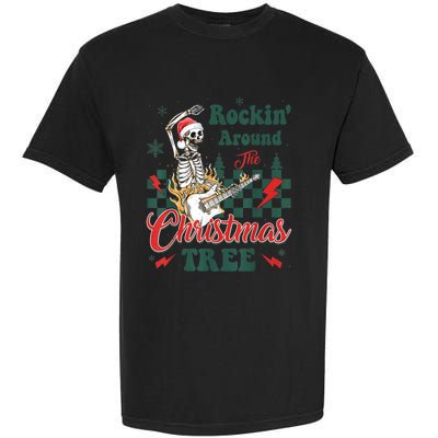 Rocking Around Christmas Tree Santa Hat Skeleton Guitar Xmas Garment-Dyed Heavyweight T-Shirt