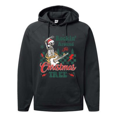 Rocking Around Christmas Tree Santa Hat Skeleton Guitar Xmas Performance Fleece Hoodie