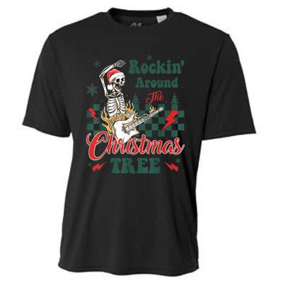 Rocking Around Christmas Tree Santa Hat Skeleton Guitar Xmas Cooling Performance Crew T-Shirt