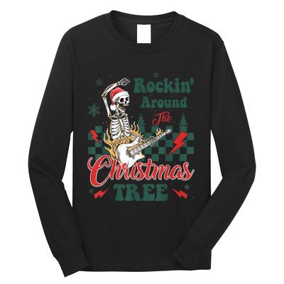 Rocking Around Christmas Tree Santa Hat Skeleton Guitar Xmas Long Sleeve Shirt