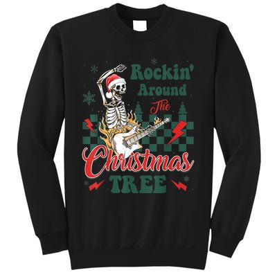 Rocking Around Christmas Tree Santa Hat Skeleton Guitar Xmas Sweatshirt