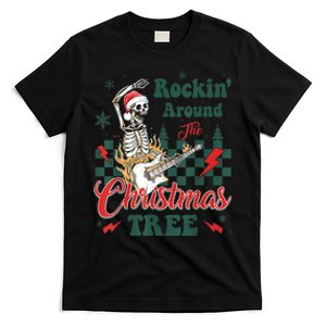 Rocking Around Christmas Tree Santa Hat Skeleton Guitar Xmas T-Shirt