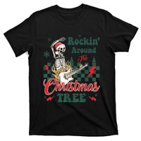 Rocking Around Christmas Tree Santa Hat Skeleton Guitar Xmas T-Shirt