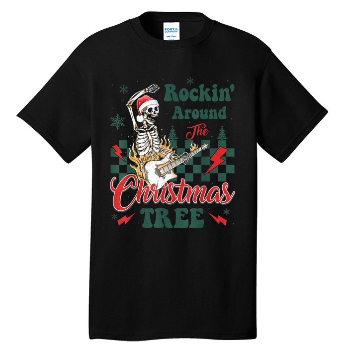 Rocking Around Christmas Tree Santa Hat Skeleton Guitar Xmas Tall T-Shirt