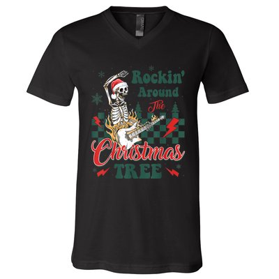 Rocking Around Christmas Tree Santa Hat Skeleton Guitar Xmas V-Neck T-Shirt