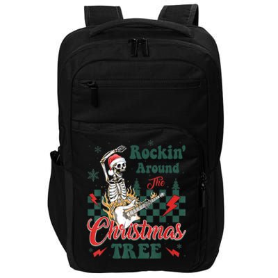 Rocking Around Christmas Tree Santa Hat Skeleton Guitar Xmas Impact Tech Backpack