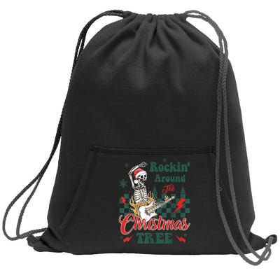 Rocking Around Christmas Tree Santa Hat Skeleton Guitar Xmas Sweatshirt Cinch Pack Bag