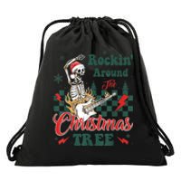 Rocking Around Christmas Tree Santa Hat Skeleton Guitar Xmas Drawstring Bag