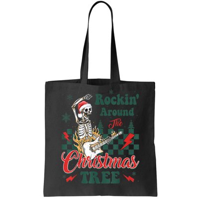 Rocking Around Christmas Tree Santa Hat Skeleton Guitar Xmas Tote Bag