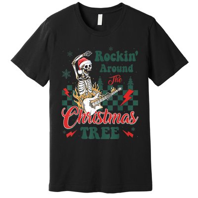 Rocking Around Christmas Tree Santa Hat Skeleton Guitar Xmas Premium T-Shirt