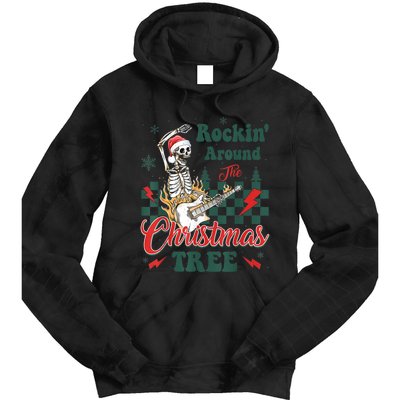 Rocking Around Christmas Tree Santa Hat Skeleton Guitar Xmas Tie Dye Hoodie