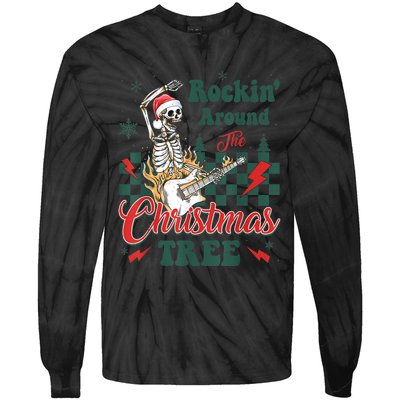 Rocking Around Christmas Tree Santa Hat Skeleton Guitar Xmas Tie-Dye Long Sleeve Shirt