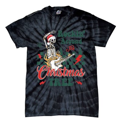 Rocking Around Christmas Tree Santa Hat Skeleton Guitar Xmas Tie-Dye T-Shirt