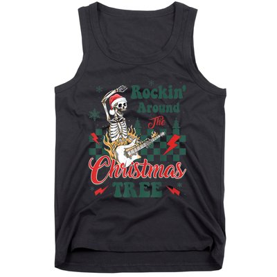 Rocking Around Christmas Tree Santa Hat Skeleton Guitar Xmas Tank Top