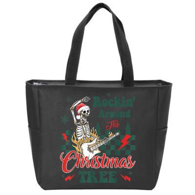 Rocking Around Christmas Tree Santa Hat Skeleton Guitar Xmas Zip Tote Bag