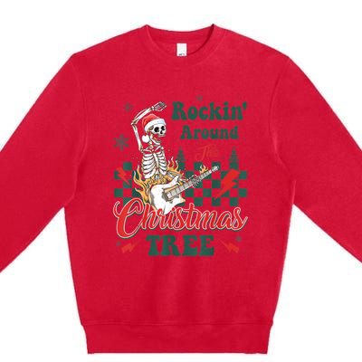 Rocking Around Christmas Tree Santa Hat Skeleton Guitar Xmas Premium Crewneck Sweatshirt