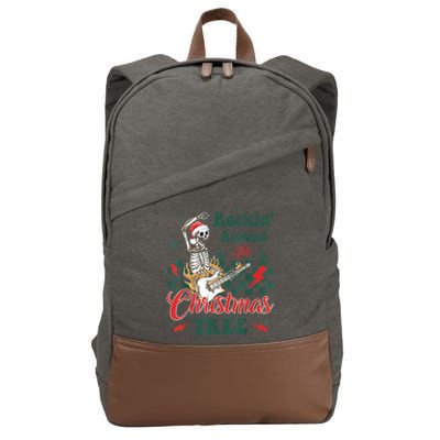 Rocking Around Christmas Tree Santa Hat Skeleton Guitar Xmas Cotton Canvas Backpack