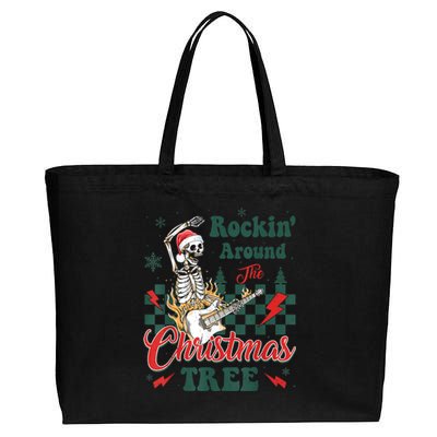 Rocking Around Christmas Tree Santa Hat Skeleton Guitar Xmas Cotton Canvas Jumbo Tote