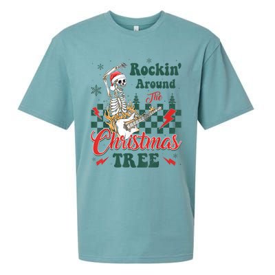 Rocking Around Christmas Tree Santa Hat Skeleton Guitar Xmas Sueded Cloud Jersey T-Shirt